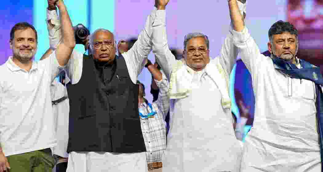 Congress leaders, from left, Leader of Opposition in the Lok Sabha Rahul Gandhi, Party President Mallikarjun Kharge, Karnataka Chief Minister Siddaramaiah, and Deputy Chief Minister D.K. Shivakumar. (File photo)