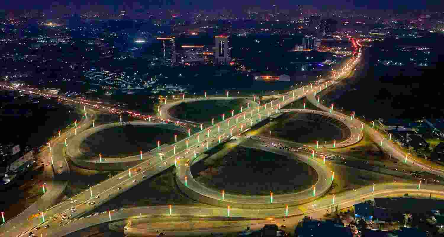 A night drone shot of the Haryana section of the Dwarka Expressway ahead of its inauguration by Prime Minister Narendra Modi on Monday. The expressway is a modern marvel of engineering and infrastructure, a testament to the nation's progress and development.
