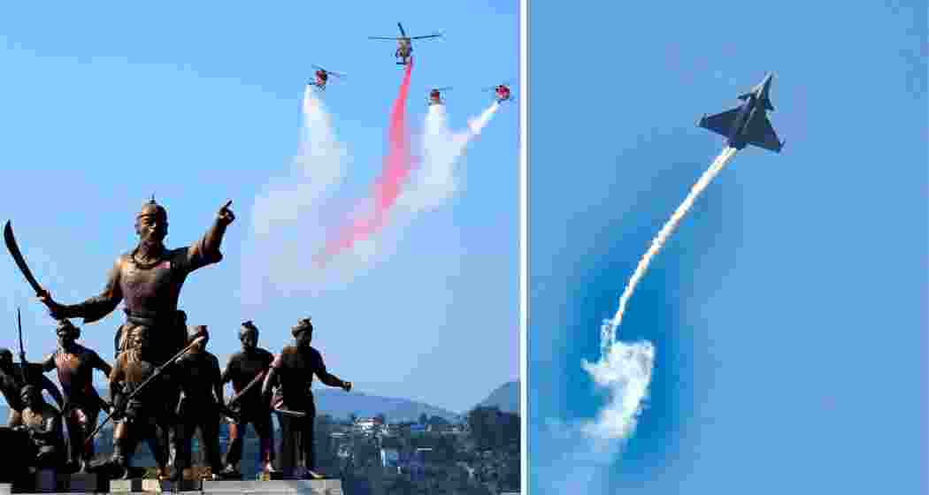 Indian Air Force aircraft roar across the Guwahati sky during the flypast at Lachit Ghat, featuring formations honouring Operation Sindoor and showcasing the service’s growing capabilities in the eastern sector.