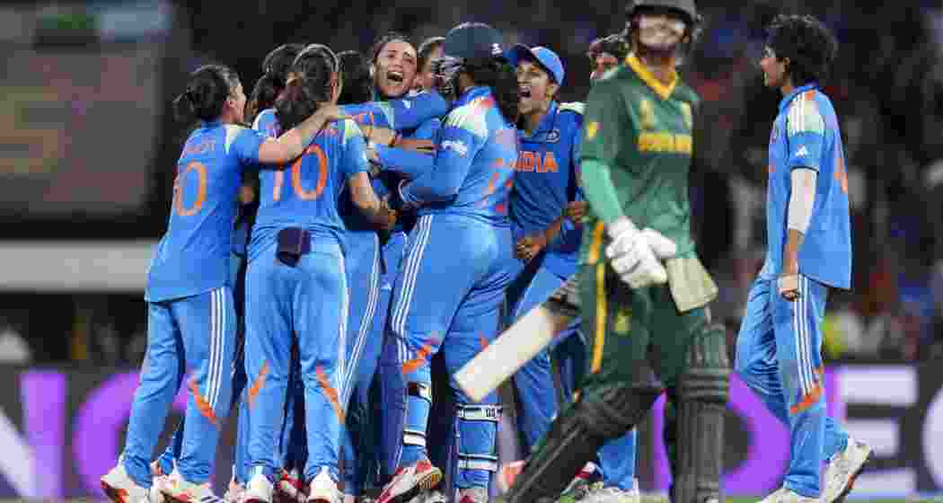 Indian players celebrate the wicket of South Africa's Chloe Tryon during the ICC Women's World Cup final ODI cricket match between India Women and South Africa Women, at the DY Patil Stadium, in Navi Mumbai on Sunday. Indian players celebrate the wicket of South Africa's Chloe Tryon during the ICC Women's World Cup final ODI cricket match between India Women and South Africa Women, at the DY Patil Stadium, in Navi Mumbai on Sunday.