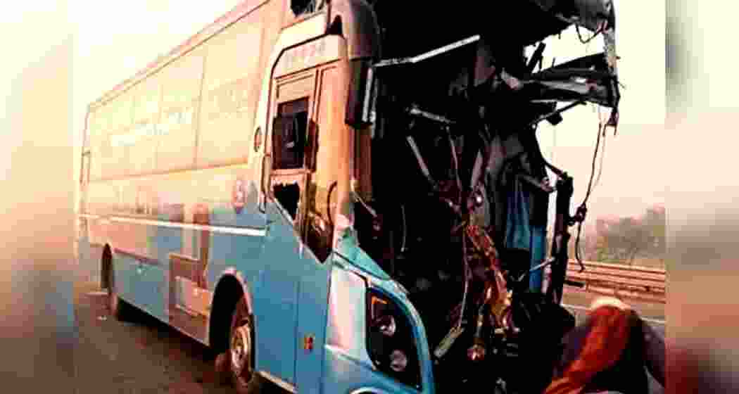 The mangled remains of a bus after it collided with two trucks on the Delhi-Mumbai Expressway in Dausa, Rajasthan, leaving 45 injured, including several critically hurt, amid dense fog.