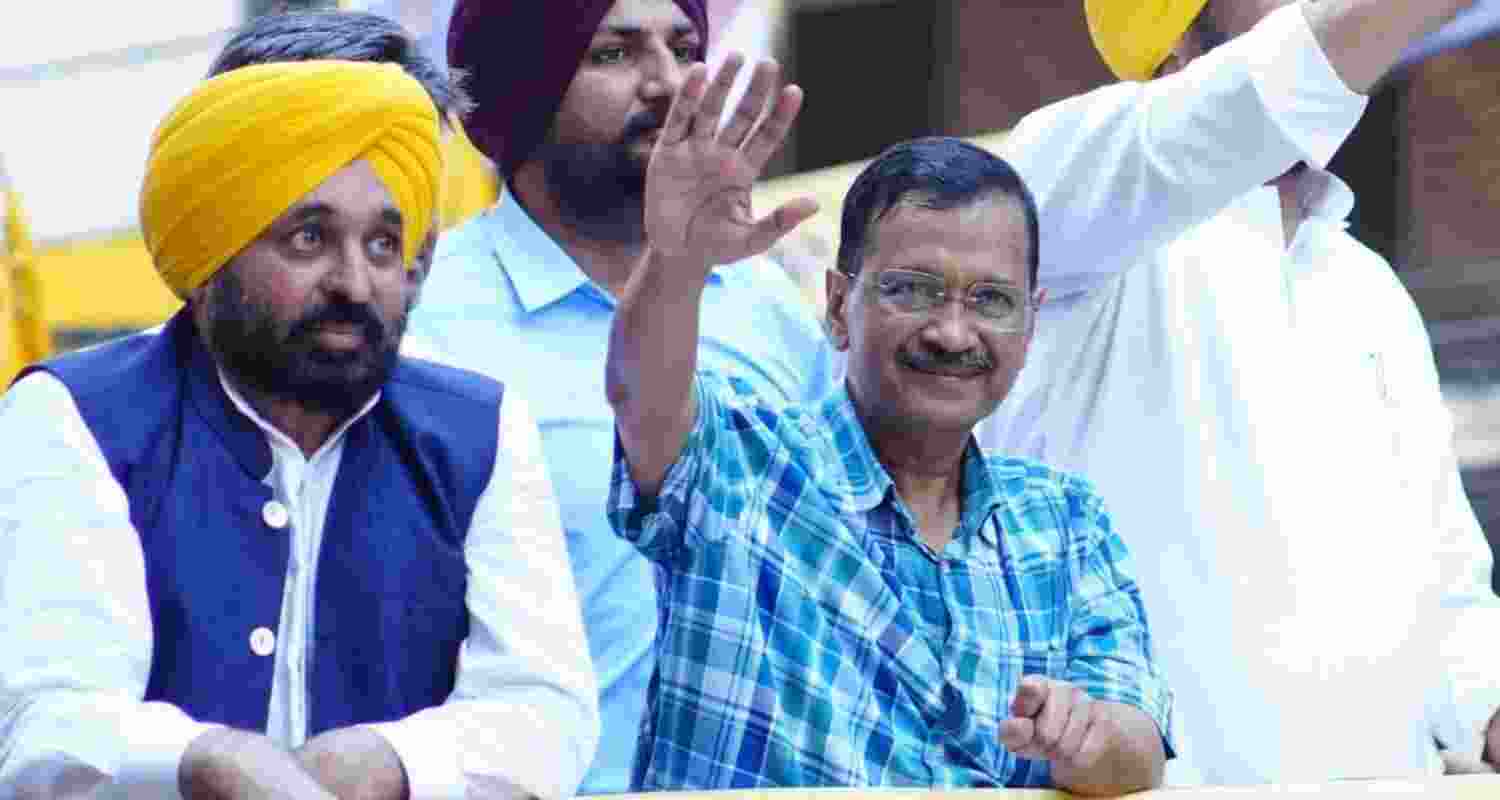 Punjab Chief Minister Bhagwant Singh Mann and party supremo Arvind Kejriwal. Image: X