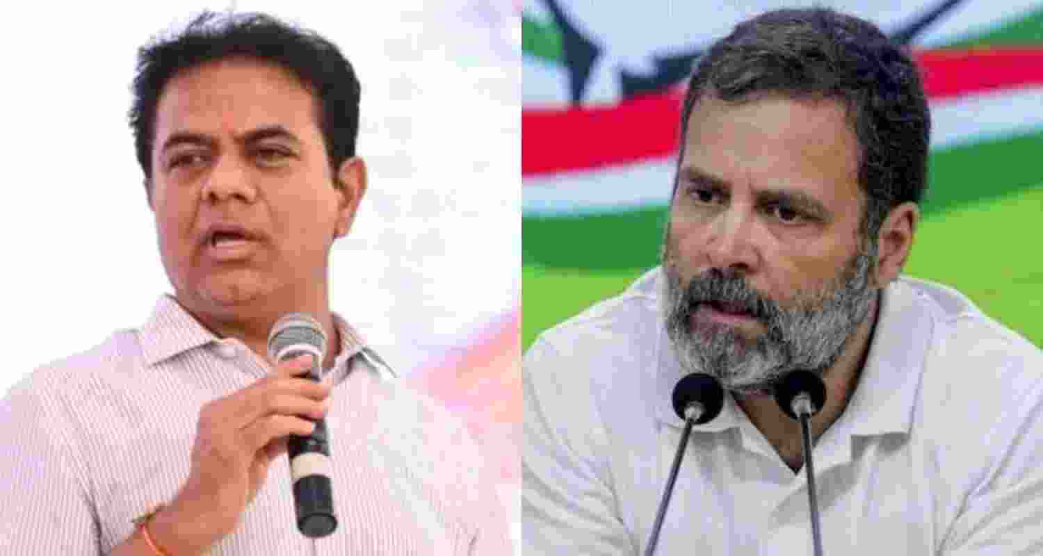 Bharat Rashtra Samithi Working President KT Rama Rao (left) and Congress leader Rahul Gandhi.