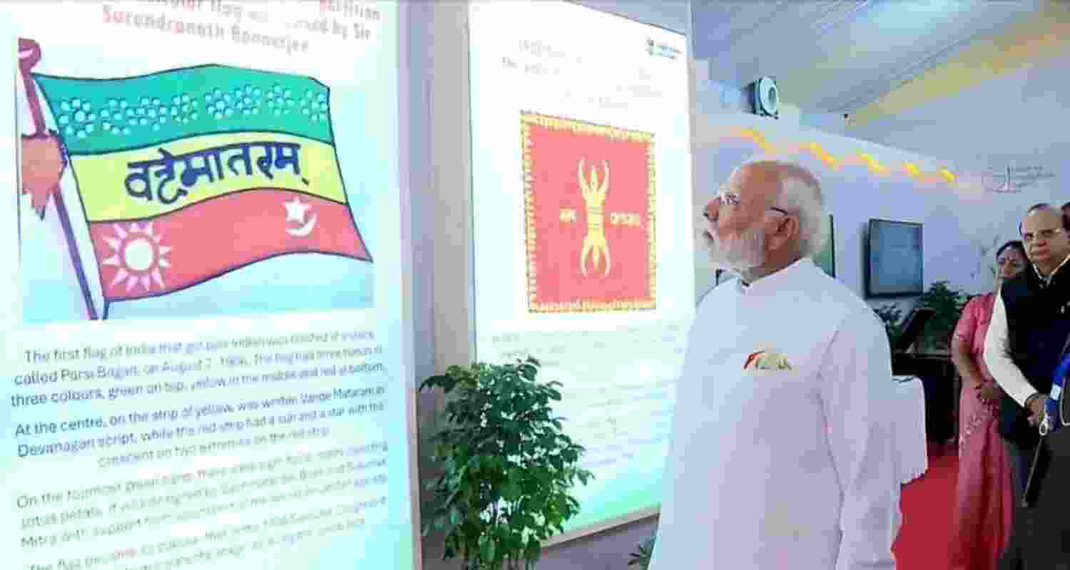 PM Narendra Modi visits an exhibition during an event marking 150 years of ‘Vande Mataram’, at Indira Gandhi Indoor Stadium in New Delhi. 