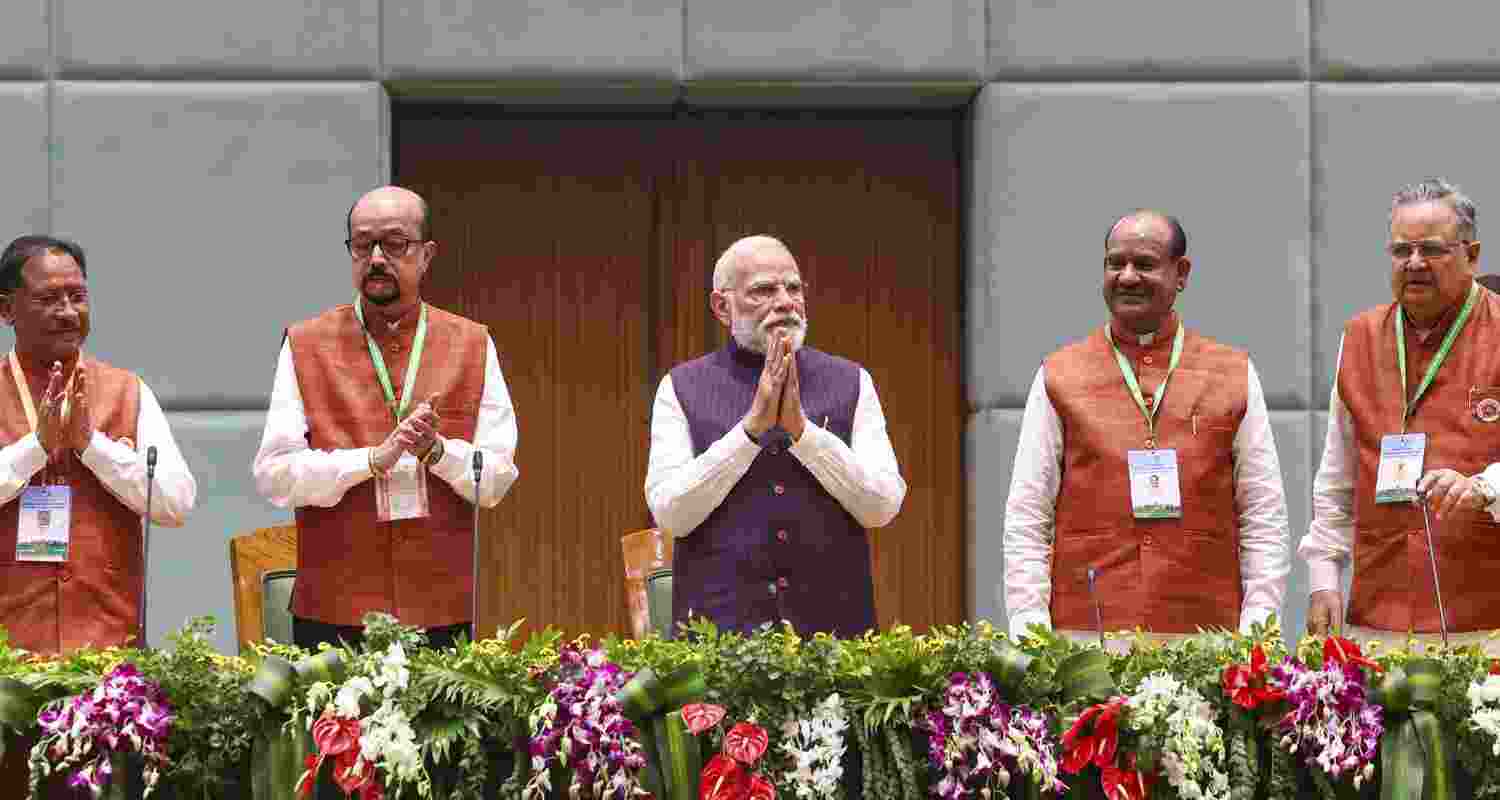 Prime Minister Narendra Modi with Lok Sabha Speaker Om Birla, Chhattisgarh Chief Minister Vishnu Deo Sai and others during inauguration of the new building of Chhattisgarh Legislative Assembly, in Nava Raipur Atal Nagar, Chhattisgarh. 