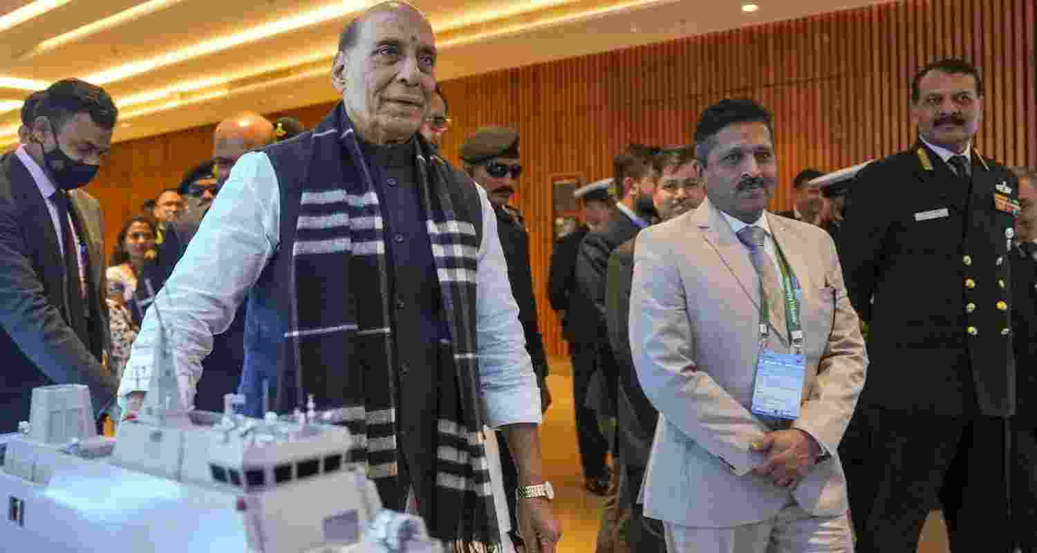 Union Defence Minister Rajnath Singh during 'Samudra Utkarsh', a seminar on shipbuilding strength and maritime innovation, organised by the Department of Defence Production at Bharat Mandapam, in New Delhi, Tuesday, Nov. 25, 2025. Navy Chief Admiral Dinesh K Tripathi and other officials are also present. 
