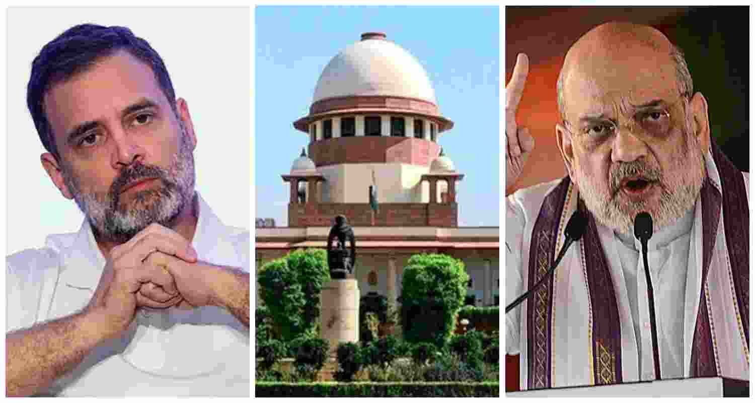The Supreme Court on Monday stayed the defamation case against Rahul Gandhi (L) over remarks on Amit Shah (R).