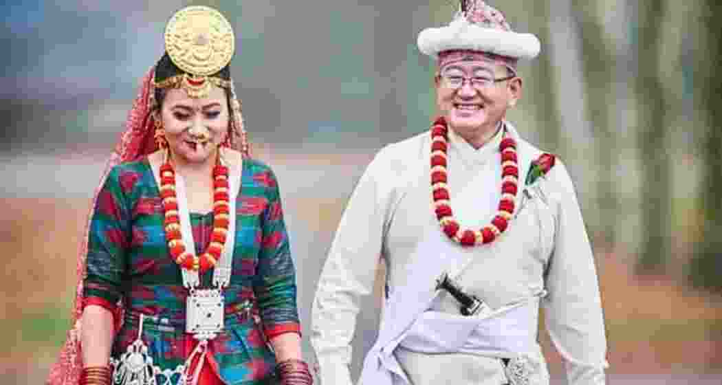 A Sikkimese couple dressed in their traditional attire.