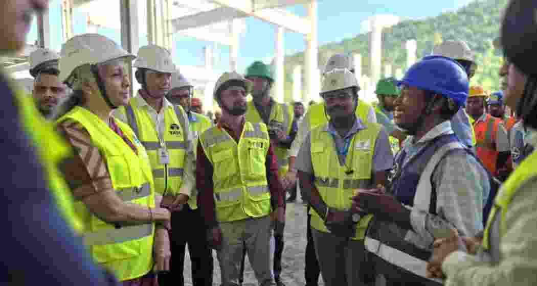 Union Finance Minister Nirmala Sitharaman visits Tata’s upcoming semiconductor plant at Jagiroad in Assam, reviewing progress and interacting with workers working at the high-tech OSAT facility.
