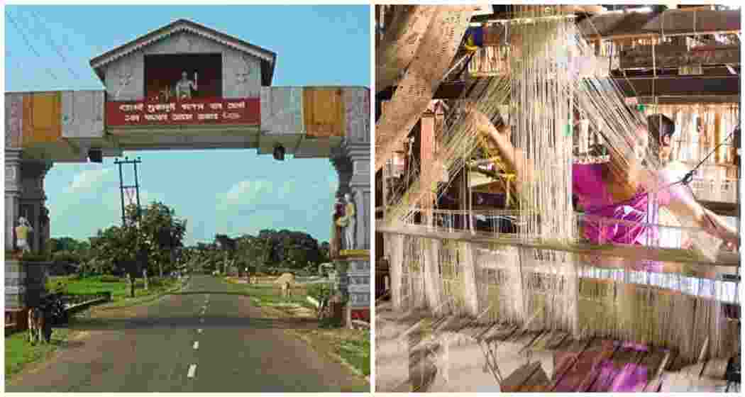 Entrance to Sualkuchi Village (left) and a local woman weaving silk (right), showcasing Assam’s rich silk heritage.
