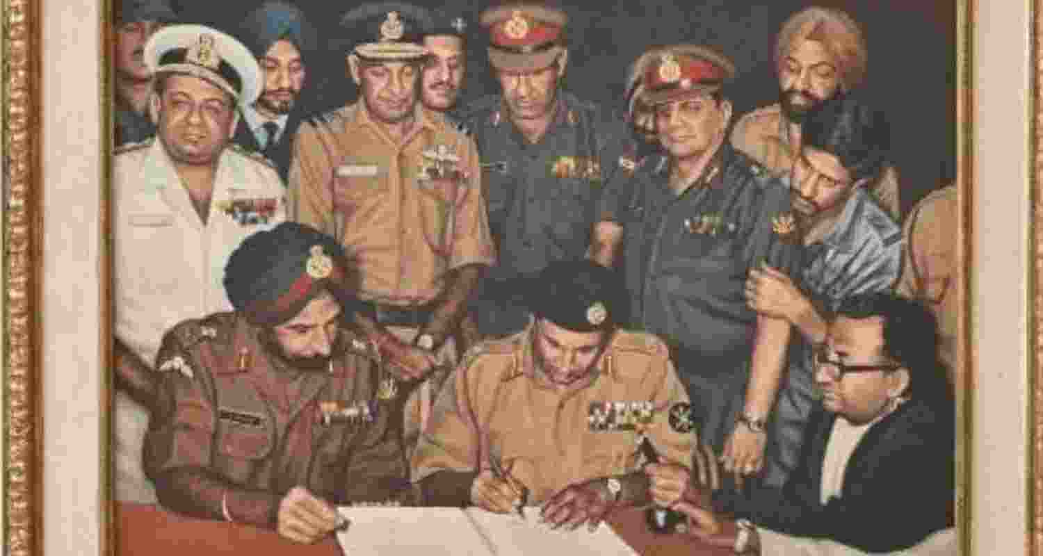 The historic 1971 surrender photo at Indian Army HQ is replaced. 