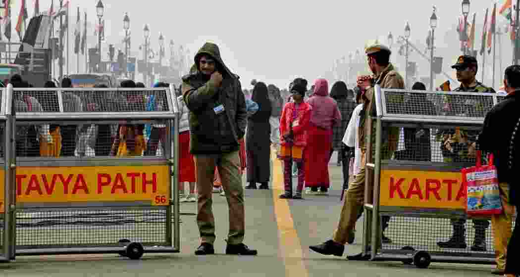 Police personnel stand guard at the Kartavya Path as security is tightened ahead of the Republic Day, in New Delhi. File photo.