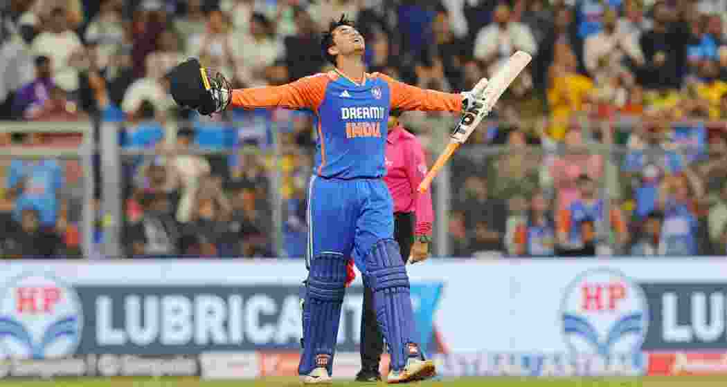 Abhishek Sharma after completing his century against England in the fifth and final T20I in Mumbai on Sunday. File photo.