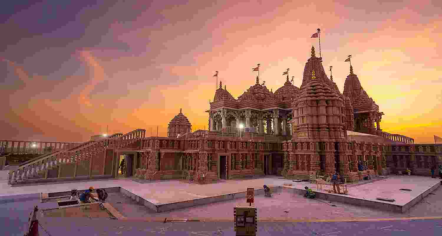 Mahant Swami Maharaj, the spiritual leader of BAPS, arrives at the BAPS Hindu Mandir, Abu Dhabi marking the beginning of the Festival of Harmony.