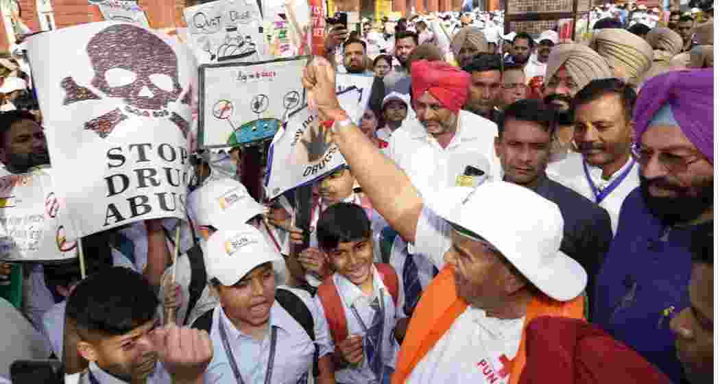 A file photo of people taking out a rally against drug abuse under the banner of the Punjab Red Cross Society.