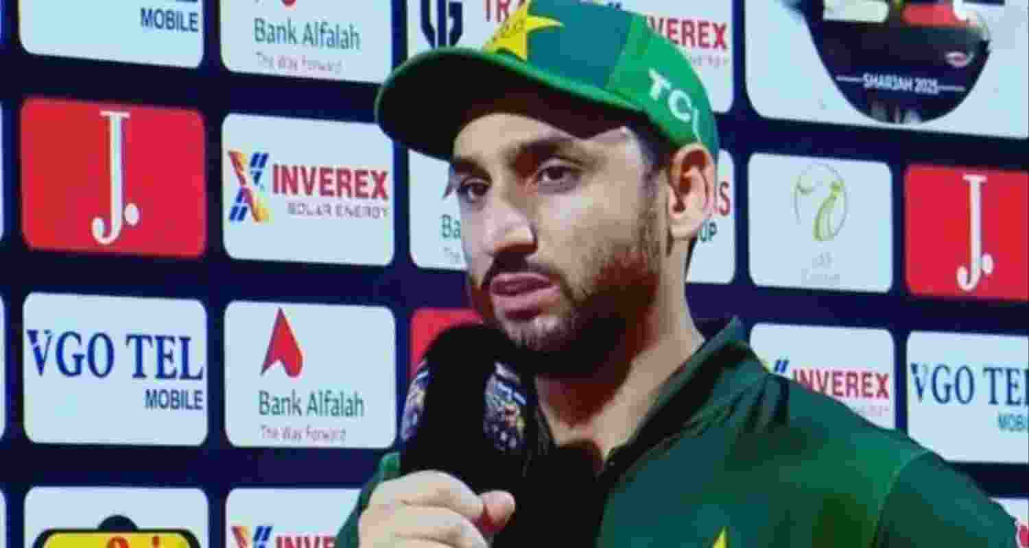 Pakistan captain Salman Agha speaking at the post-match ceremony. Pakistan captain Salman Agha speaking at the post-match ceremony.