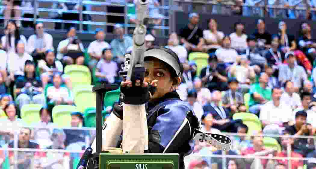 Meghana Sajjanar takes aim during the women’s 10m air rifle at the ISSF World Cup in Ningbo.