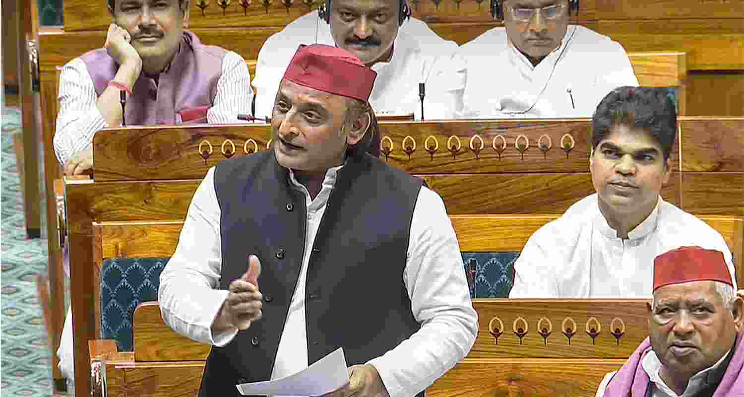Samajwadi Party MP Akhilesh Yadav speaks during a debate in the Lok Sabha on the Pahalgam terror attack and Operation Sindoor, at the Monsoon session of Parliament, in New Delhi, Tuesday.