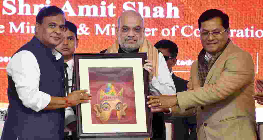 Union Home Minister Amit Shah being felicitated by Union Minister of Minister of Ports Sarbananda Sonowal and Assam Chief Minister Himanta Biswa Sarma during the inauguration of Batadrava Than, the birthplace of Vaishnavite saint Srimanta Sankardeva, in Nagaon on Monday. Union Home Minister Amit Shah being felicitated by Union Minister of Minister of Ports Sarbananda Sonowal and Assam Chief Minister Himanta Biswa Sarma during the inauguration of Batadrava Than, the birthplace of Vaishnavite saint Srimanta Sankardeva, in Nagaon on Monday.