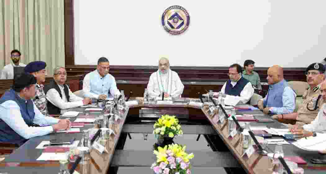 Union Home Minister Amit Shah with senior officials during a meeting at the Ministry of Home Affairs headquarters, North Block, in New Delhi. (File photo)
