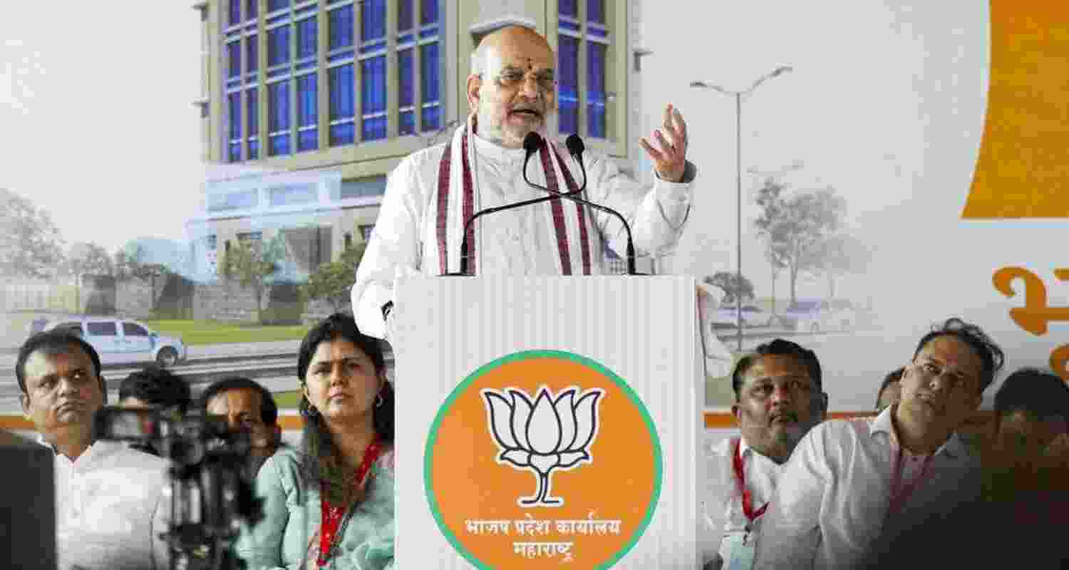 Union Home Minister Amit Shah speaks during the foundation stone laying ceremony of the new headquarters of BJP's Maharashtra unit, in Mumbai on Monday.