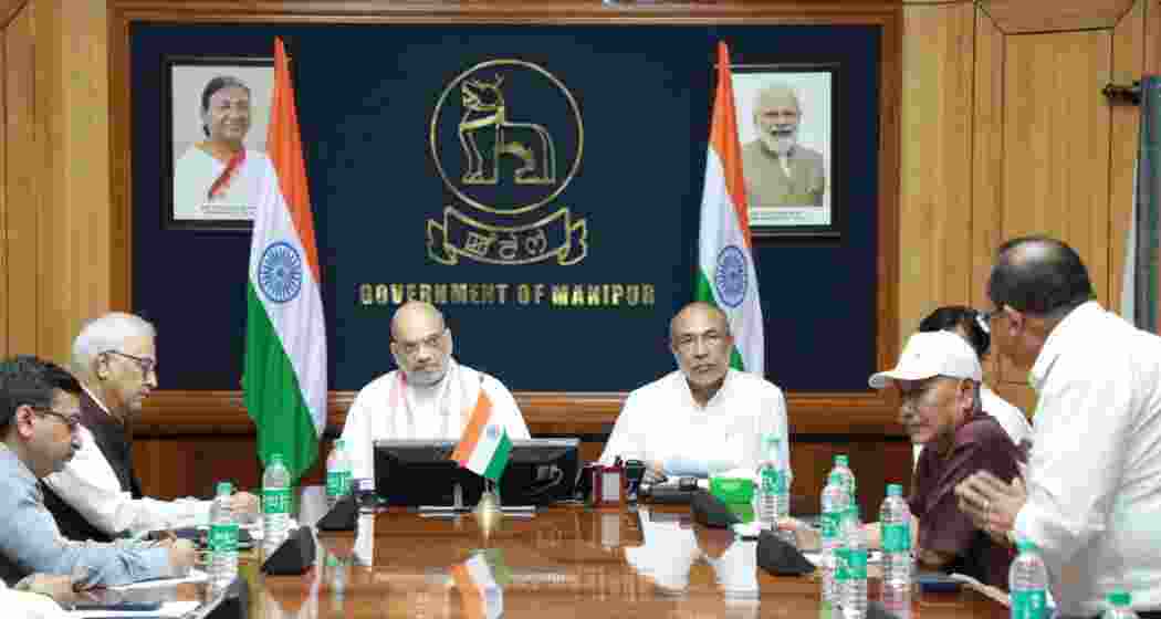 File photo of Union Home Minister Amit Shah with then Chief Minister N Biren Singh during a meeting in Imphal, Manipur. The state remains under President’s Rule.