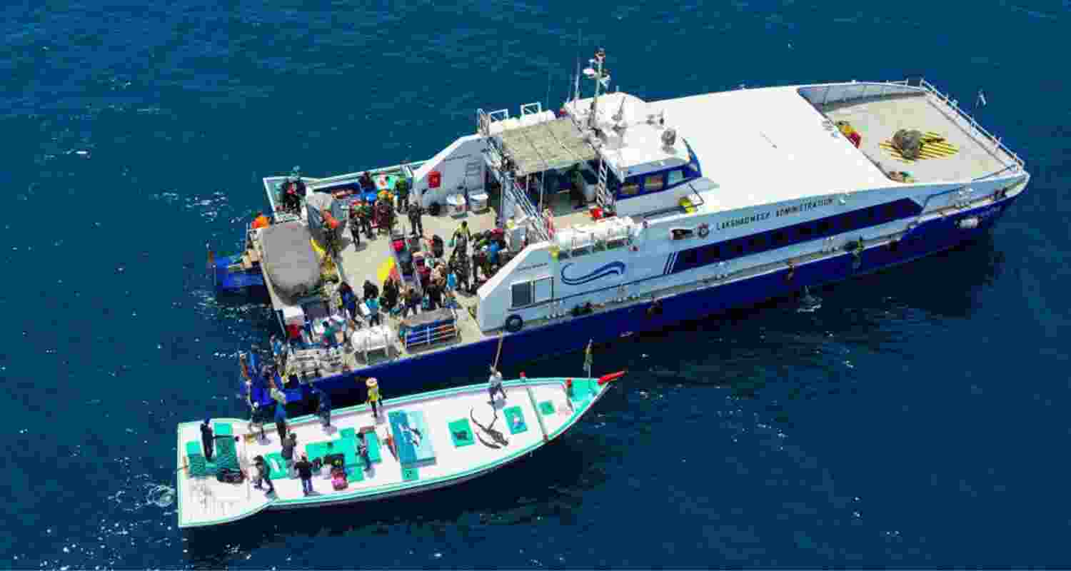 Polling teams with EVMs and voting materials travel by ships and boats to reach Kiltan Island in Lakshadweep