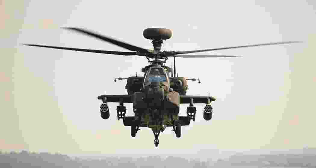 An AH-64E Apache helicopter in action