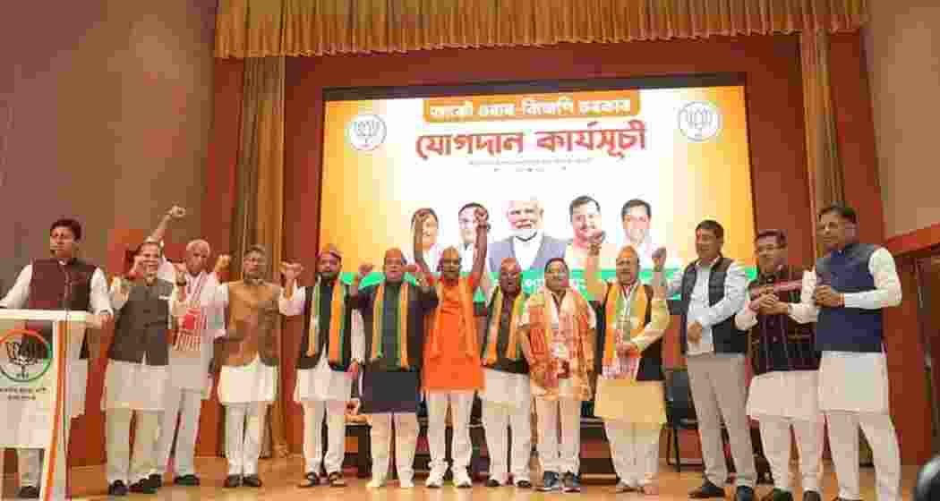 Assam BJP president Dilip Saikia and Union minister Pabitra Margherita induct Congress MLAs Kamalakhya De Purakayastha, Sashikanta Das and Basanta Das into the BJP in Guwahati on Thursday.