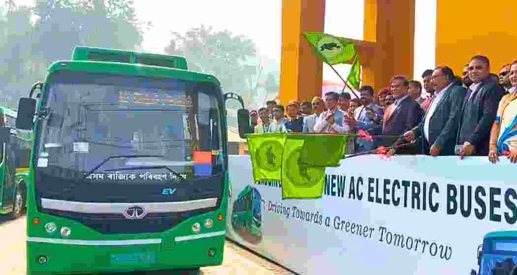 Assam Chief Minister Himanta Biswa Sarma flags off electric buses in Guwahati, marking the start of the state’s transition to a greener, pollution-free transport system by 2026.