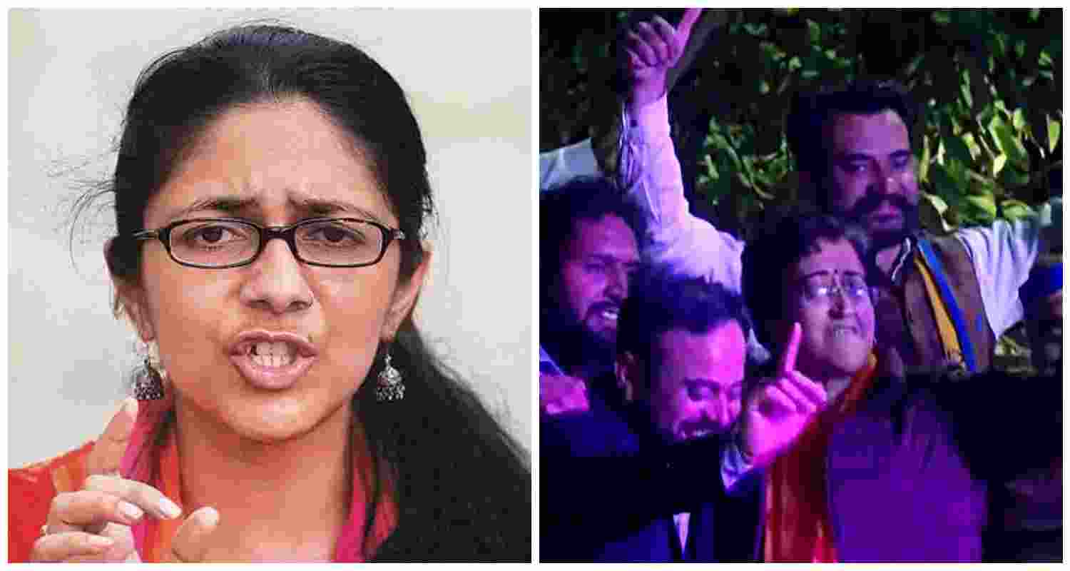 Rajya Sabha MP Swati Maliwal (L) denounced AAP leader Atishi for her celebratory dance after Kalkaji victory, terming it a "shameless display" amid AAP's crushing defeat in the assembly elections.