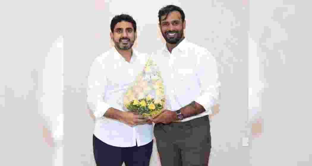 Minister for human resources development, IT and electronics minister Nara Lokesh with cricketer Hanuma Vihari.