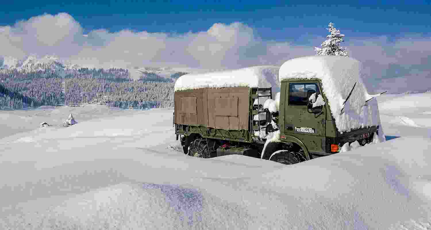 Gulmarg Ski Resort covered in snow after fresh snowfall, in Baramulla district of Jammu and Kashmir on Wednesday