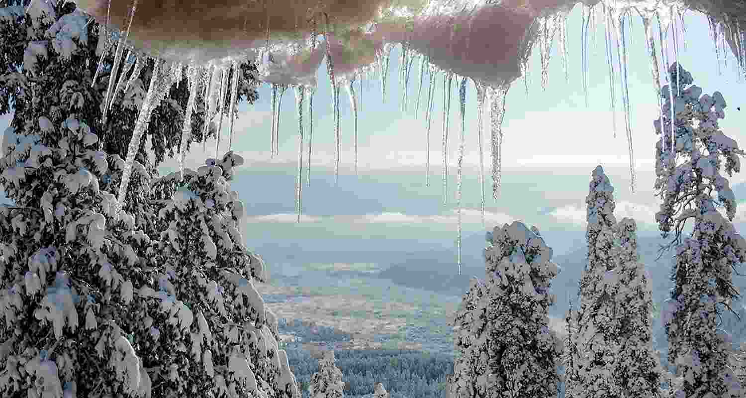 Gulmarg Ski Resort covered in snow after fresh snowfall, in Baramulla district of Jammu and Kashmir on Wednesday