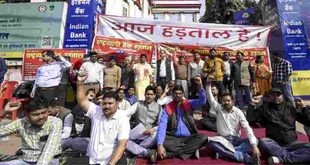  Members of a joint forum of central trade unions shout slogans during a nationwide strike called to protest government policies, in Patna, Bihar on Thursday.