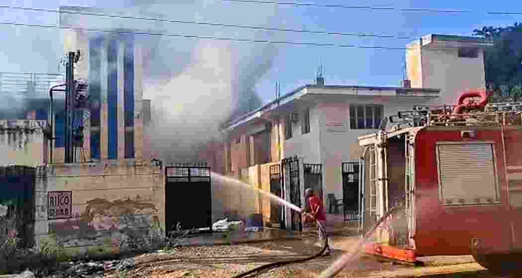 A fire tender at work after a blaze broke out at an industrial unit in Bhiwadi, Rajasthan, leaving seven dead.