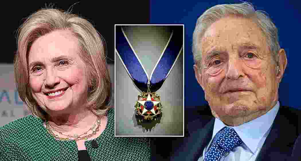 Former Secretary of State Hillary Clinton and controversial philanthropist George Soros received the Presidential Medal of Freedom from President Joe Biden at a ceremony in the White House.