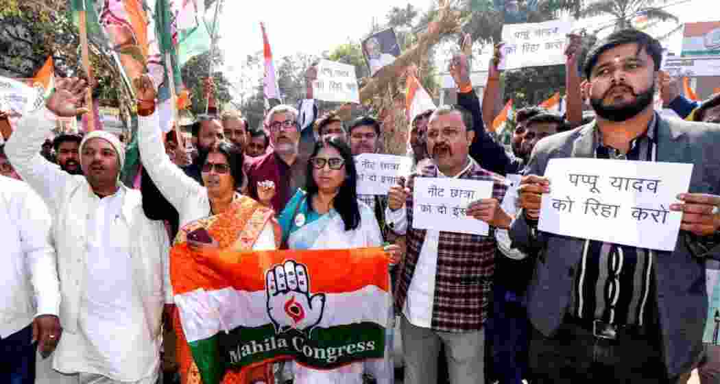 Member of the Congress demonstrate in Patna against the arrest of MP Pappu Yadav, accusing the Nitish Kumar government of political vendetta and burning the Chief Minister’s effigy outside its headquarters on Sunday.