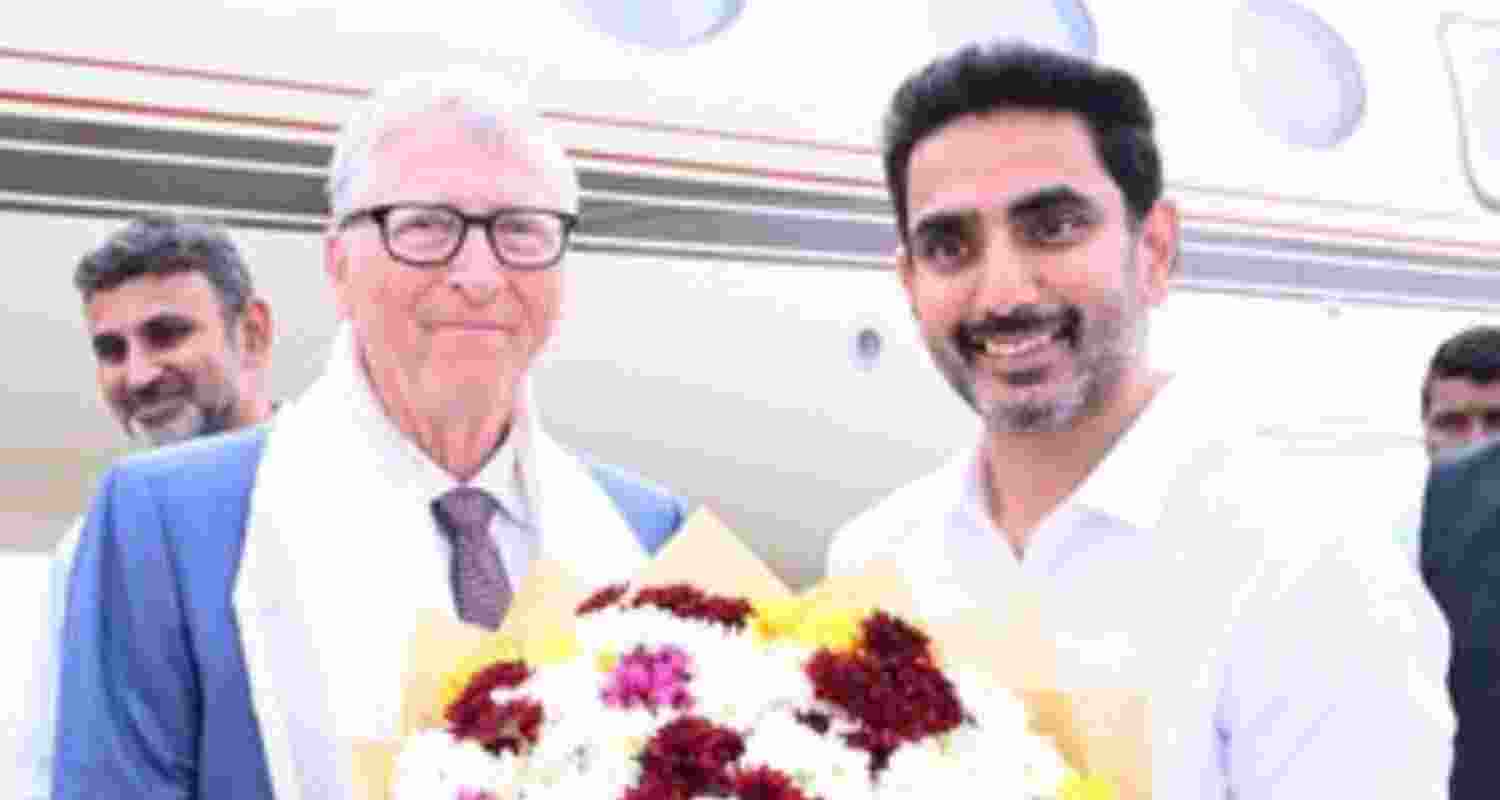 Bill Gates arrives in Amaravati, Andhra Pradesh. State's Minister Nara Lokesh welcomed him at Gannavaram Airport. Bill Gates arrives in Amaravati, Andhra Pradesh. State's Minister Nara Lokesh welcomed him at Gannavaram Airport.
