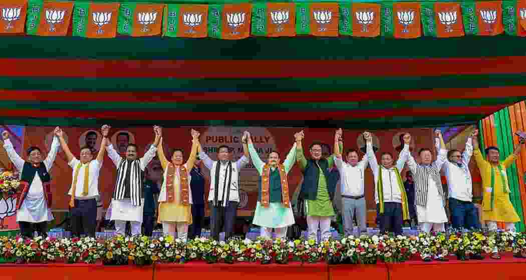 BJP National President JP Nadda with Arunachal Pradesh Chief Minister Pema Khandu, Union Minister Kiren Rijiju, party's state president Biyuram Wahge and others during a public meeting ahead of the upcoming Lok Sabha election, in Itanagar.