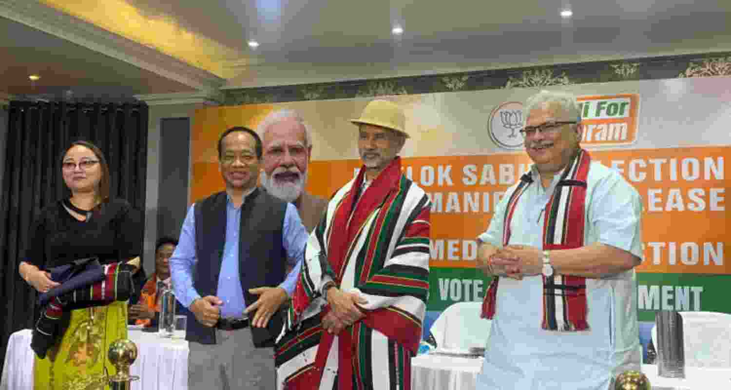 External Affairs Minister S. Jaishankar, accompanied by BJP's Mizoram candidate Vanlalhmuaka (second from left), presented the party's vision document during a launch event on Thursday.