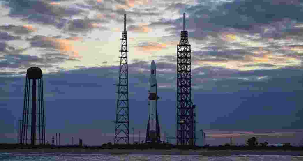 Blue Origin's New Glenn launch vehicle vertical on pad. 