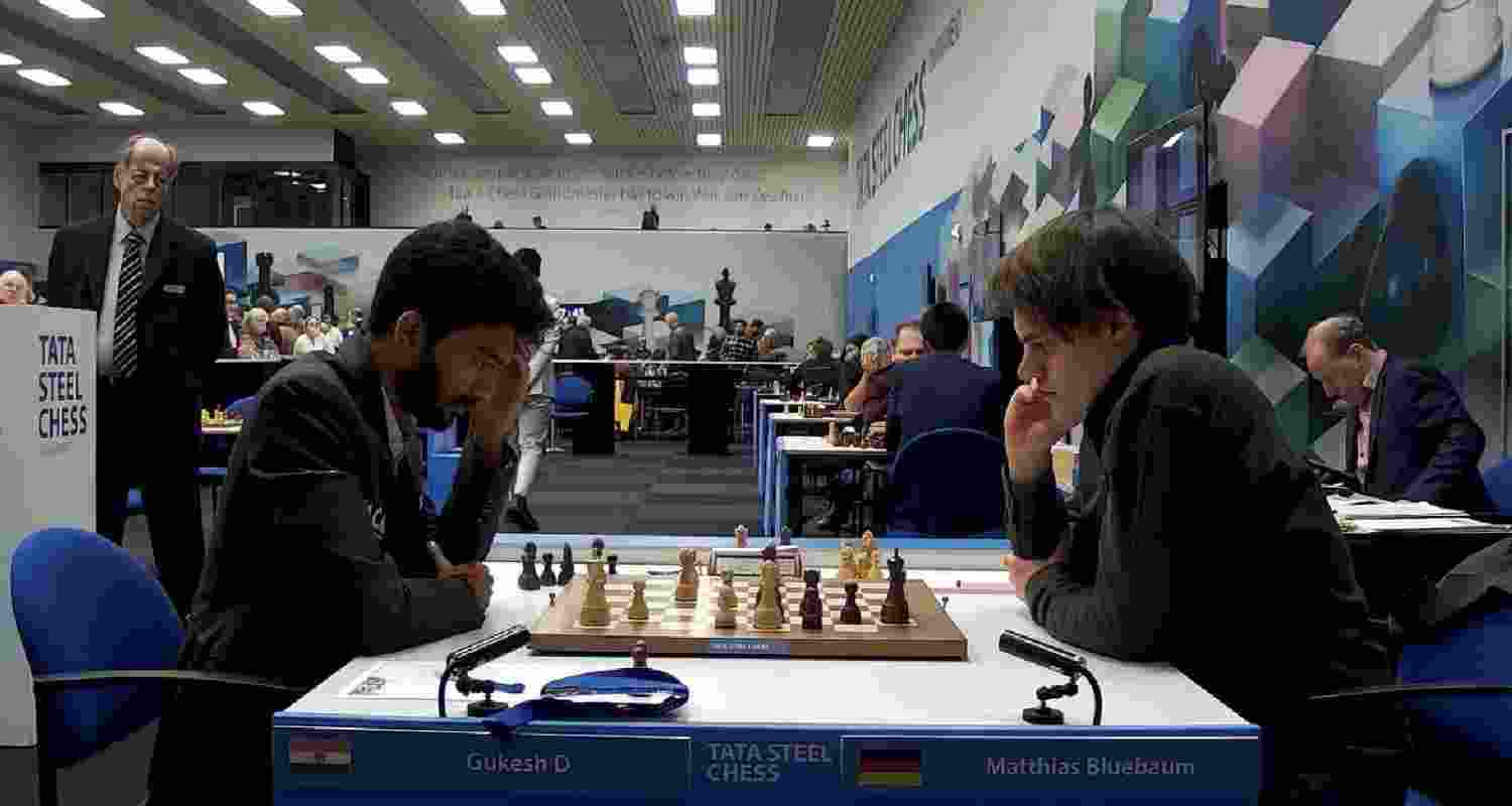 World chess champion D Gukesh and Matthias Bluebaum of Germany in action in a ninth round game at the Tata Steel Masters chess tournament.