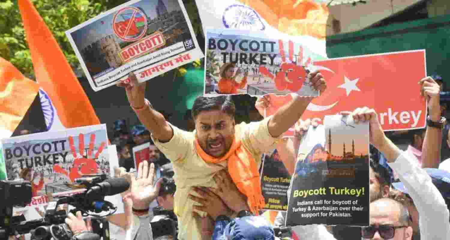 Members of Swadeshi Jagaran Manch stage a protest at Turkish Embassy in New Delhi on Friday.