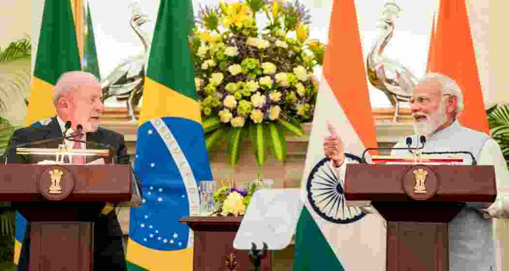 Prime Minister Narendra Modi and Brazilian President Luiz Inacio Lula da Silva during a joint press meet, at the Hyderabad House, in New Delhi on Saturday.