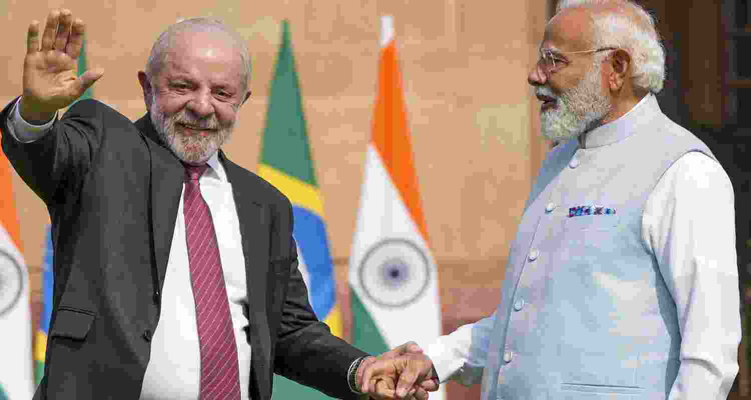 Prime Minister Narendra Modi with Brazilian President Luiz Inacio Lula da Silva prior to their meeting at the Hyderabad House, in New Delhi. 
