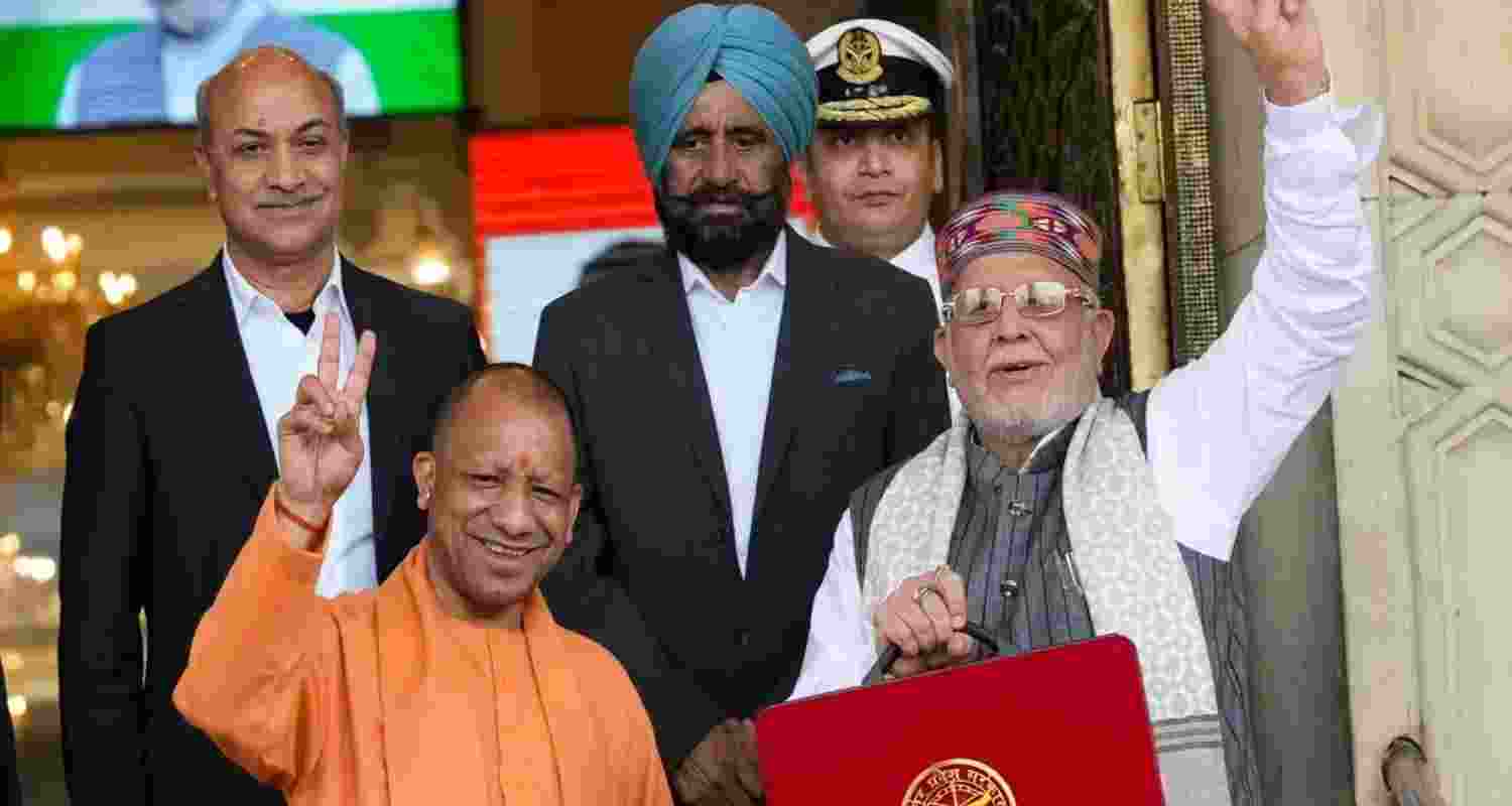 Uttar Pradesh Chief Minister Yogi Adityanath with state Finance Minister Suresh Kumar Khanna before the presentation of the State Budget 2026-27 in the Assembly, Lucknow on Wednesday.