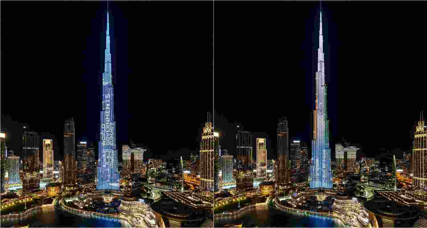 Burj Khalifa illuminated with Indian Tricolour in honor of PM Modi's arrival for World Govt Summit. Image Credit: X