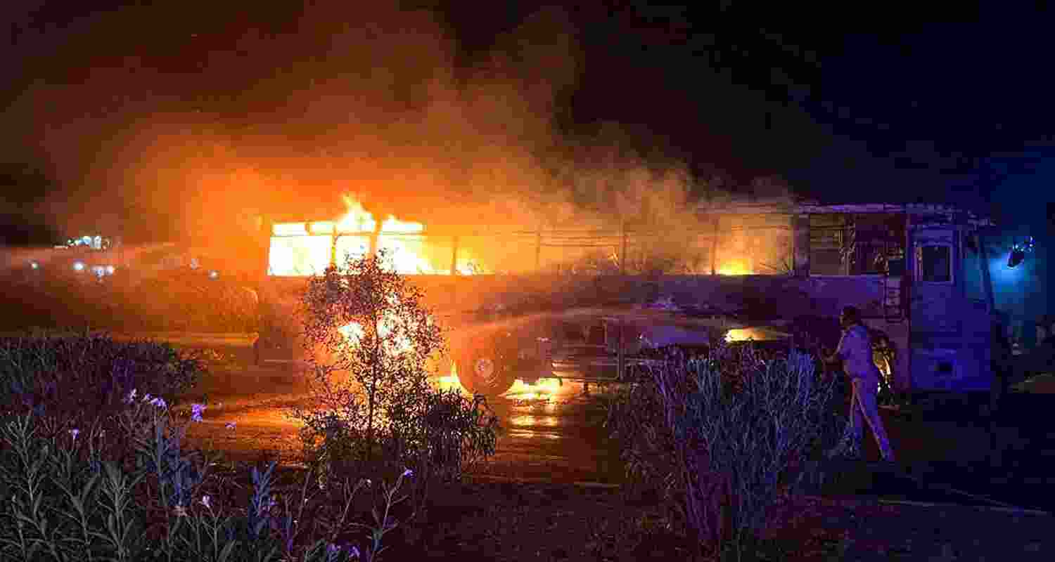 Flames out after a bus caught fire that left at least eight dead and twenty others injured, near Tauru in Haryana's Nuh district, in the early hours of Saturday. 