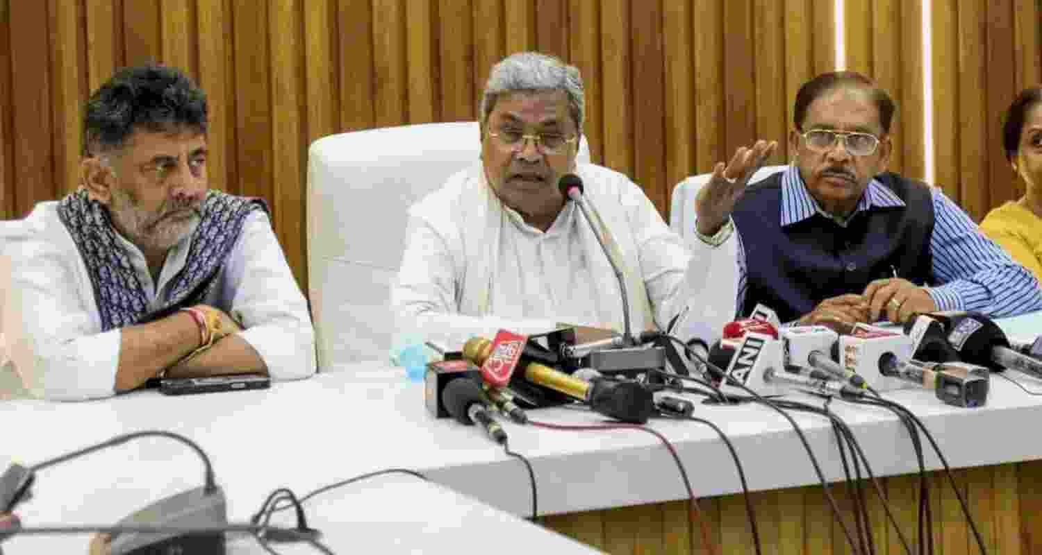 Karnataka Deputy Chief Minister DK Shivakumar, Chief Minister Siddaramaiah and Home Minister G Parameshwara address the media.